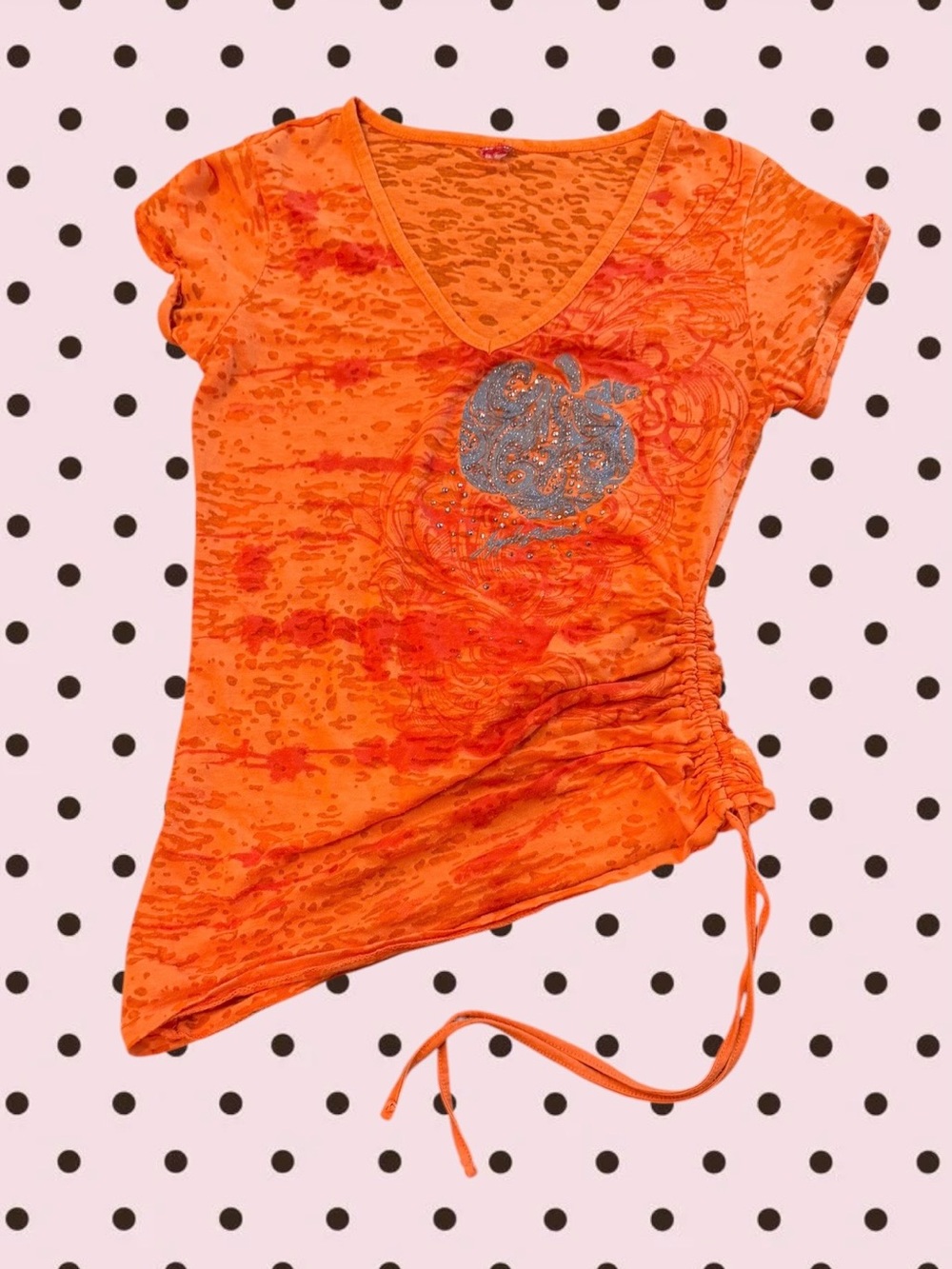 Apple Bottoms Orange Ruched V-Neck Tee with Silver Logo